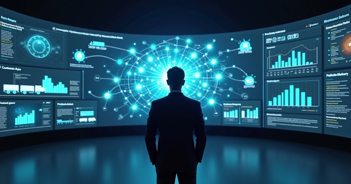 Gestor observando painel digital com agentes inteligentes conectando áreas da empresa 