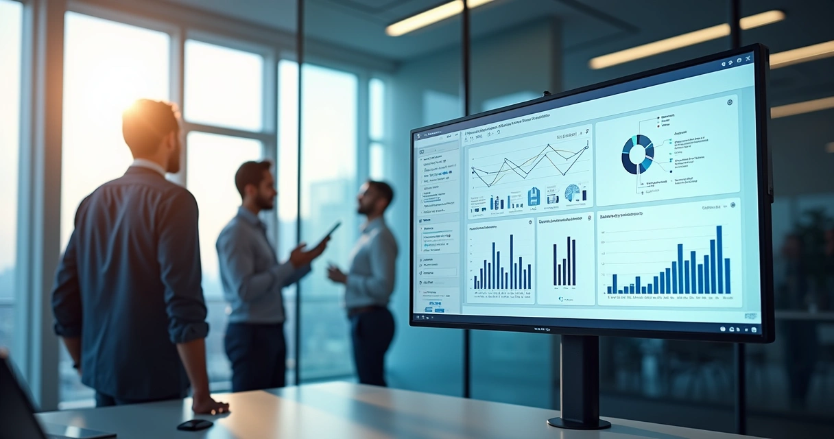Tela mostrando um painel de automação com robô e gráficos de desempenho 