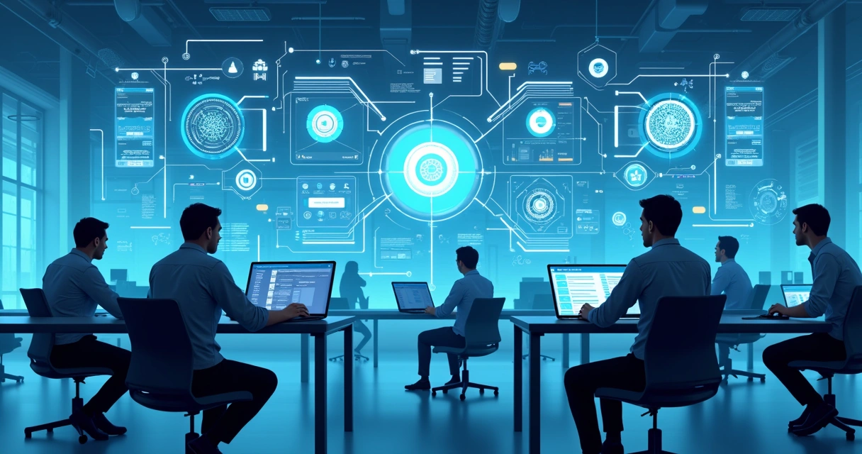 Ilustração de agentes autônomos de software conectados a sistemas