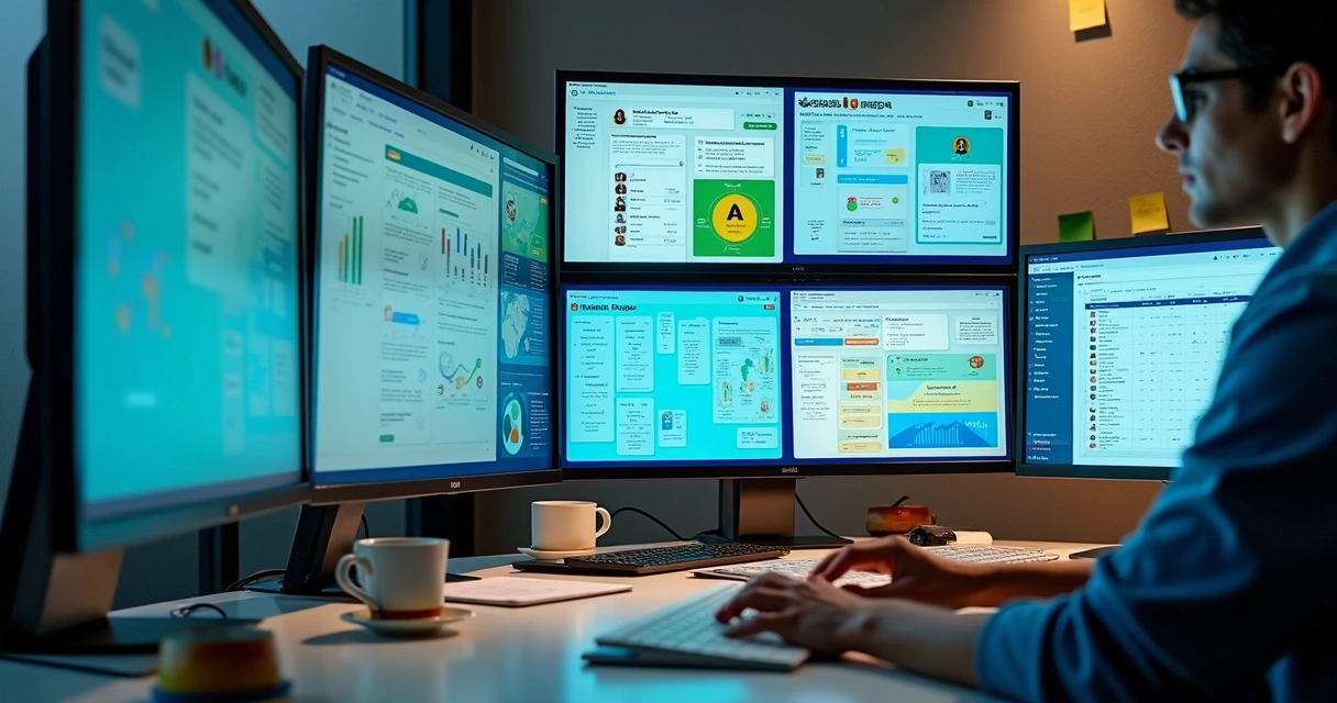 Telas de computadores exibindo agentes personalizados do Notion organizando dados 
