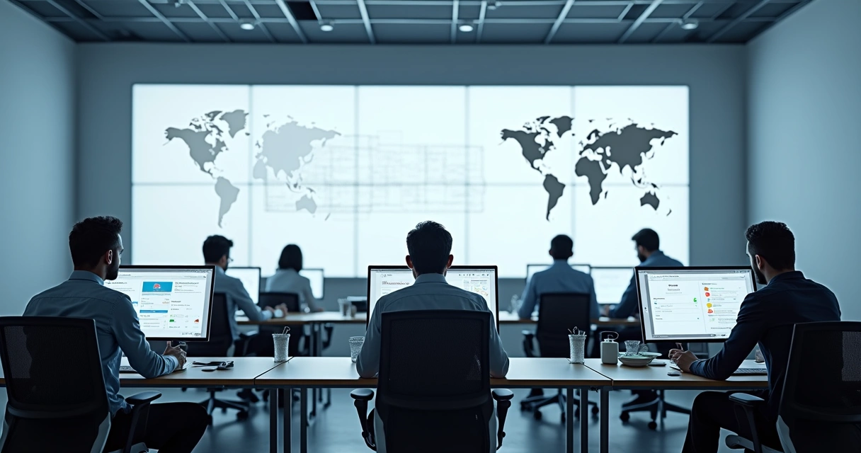 Equipe de suporte de TI trabalhando em frente a telas com dashboards 