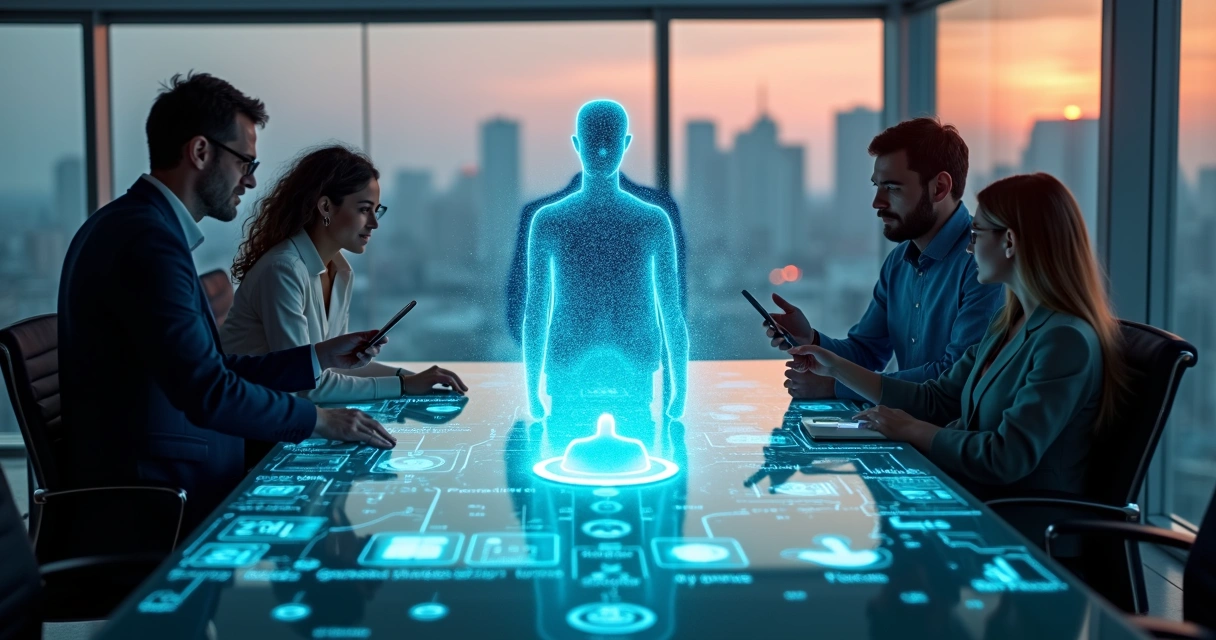 Equipe de vendas guiada por agente de IA projetado como holograma em mesa de reunião 