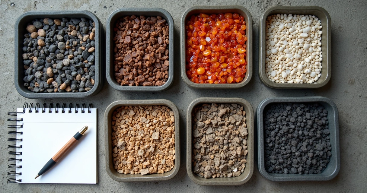 Samples of decorative aggregates for concrete driveways. 