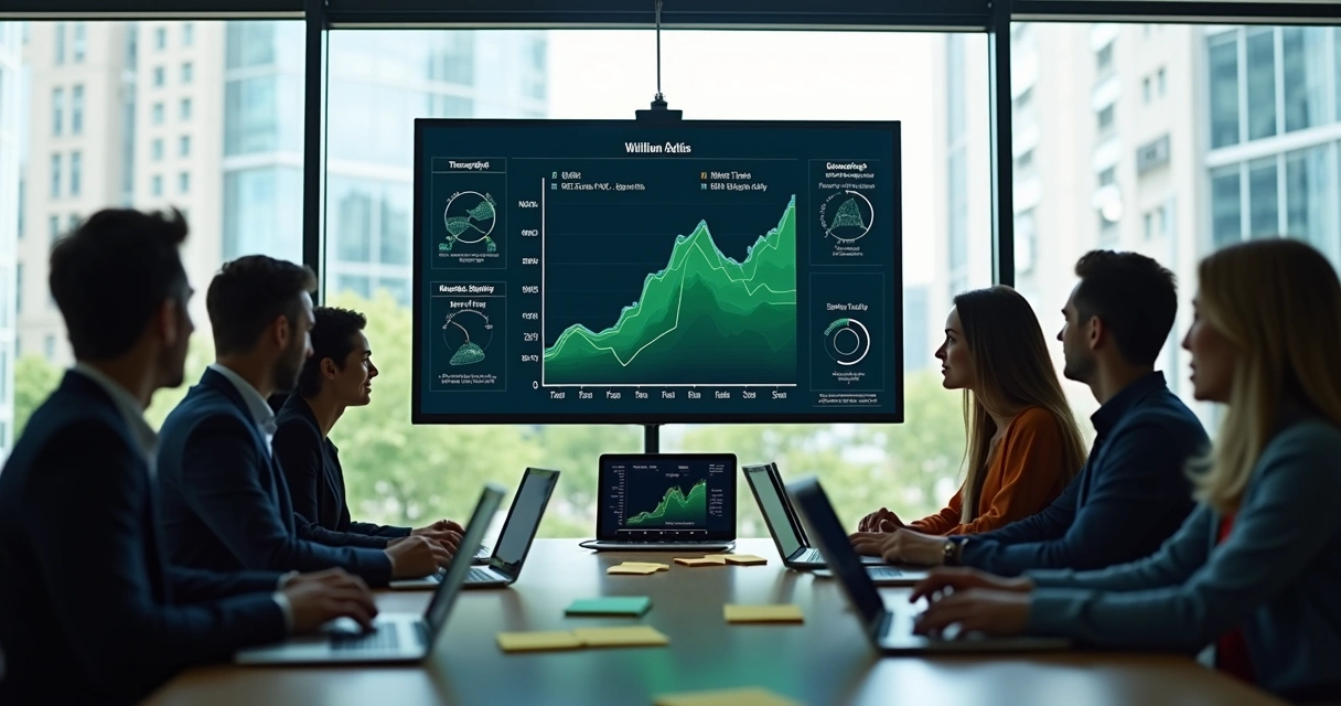 Equipe de produto em reunião analisando painéis de métricas ágeis 