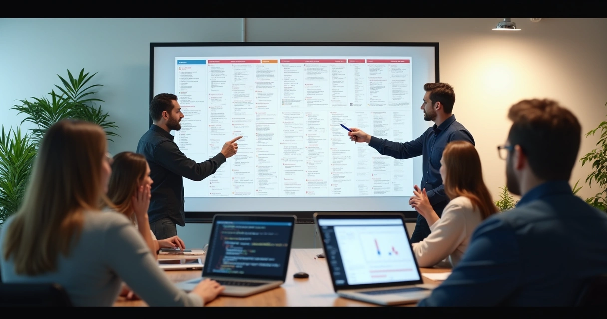 Software team collaborating on agile board during sprint planning 