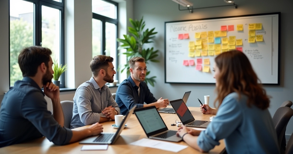 Agile SaaS development team planning sprint with sticky notes 