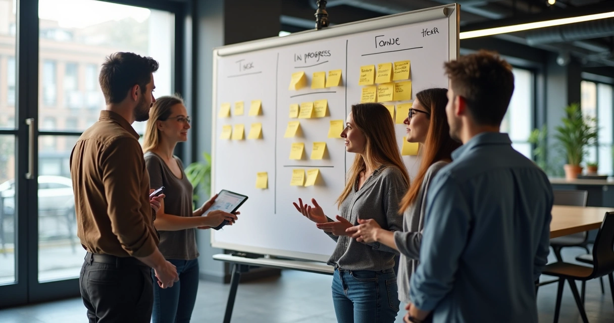 Agile development team at scrum board with sticky notes 