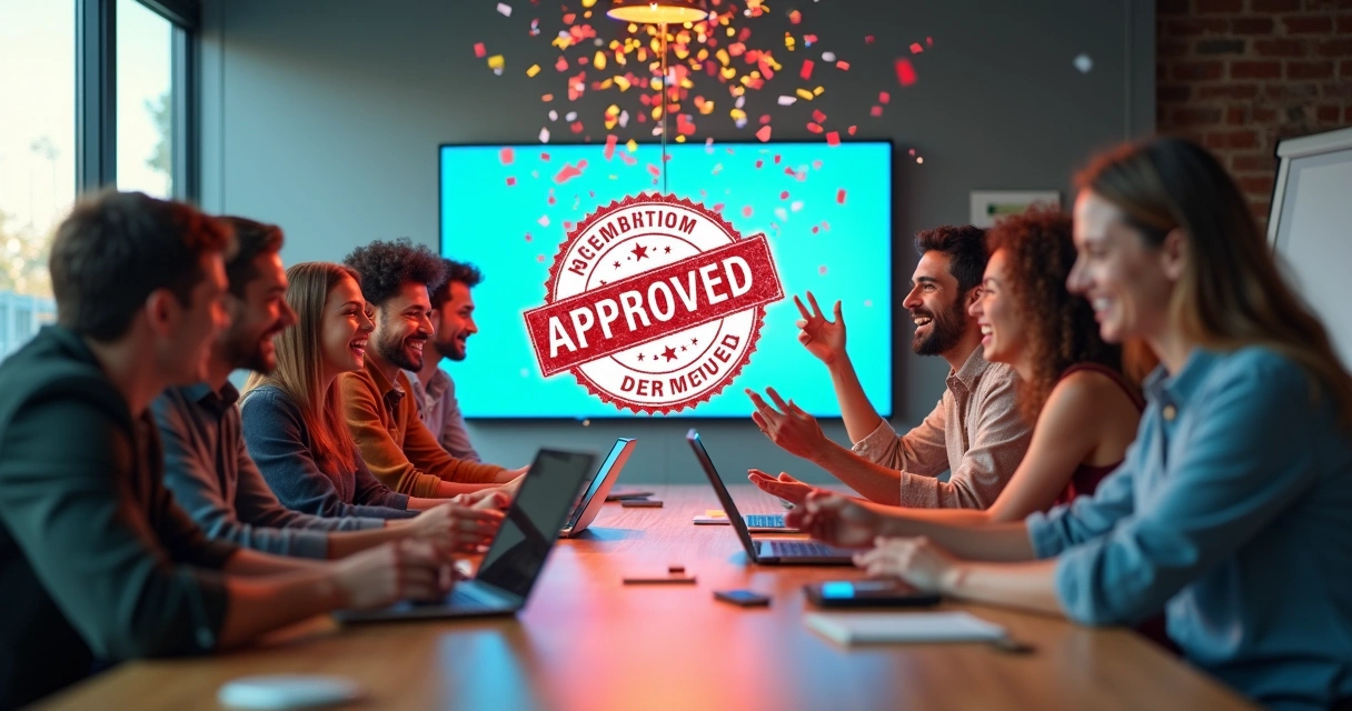 Equipe comemorando aprovação rápida de conteúdo 