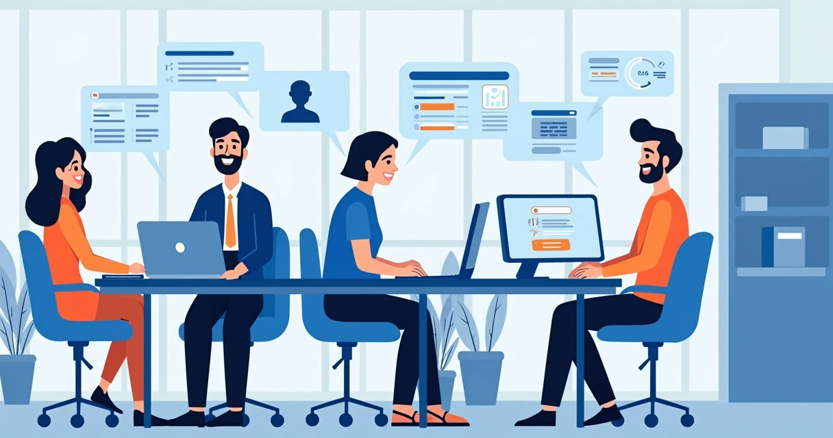 Equipe de vendas recebendo notificações e interagindo com chatbot em escritório moderno 