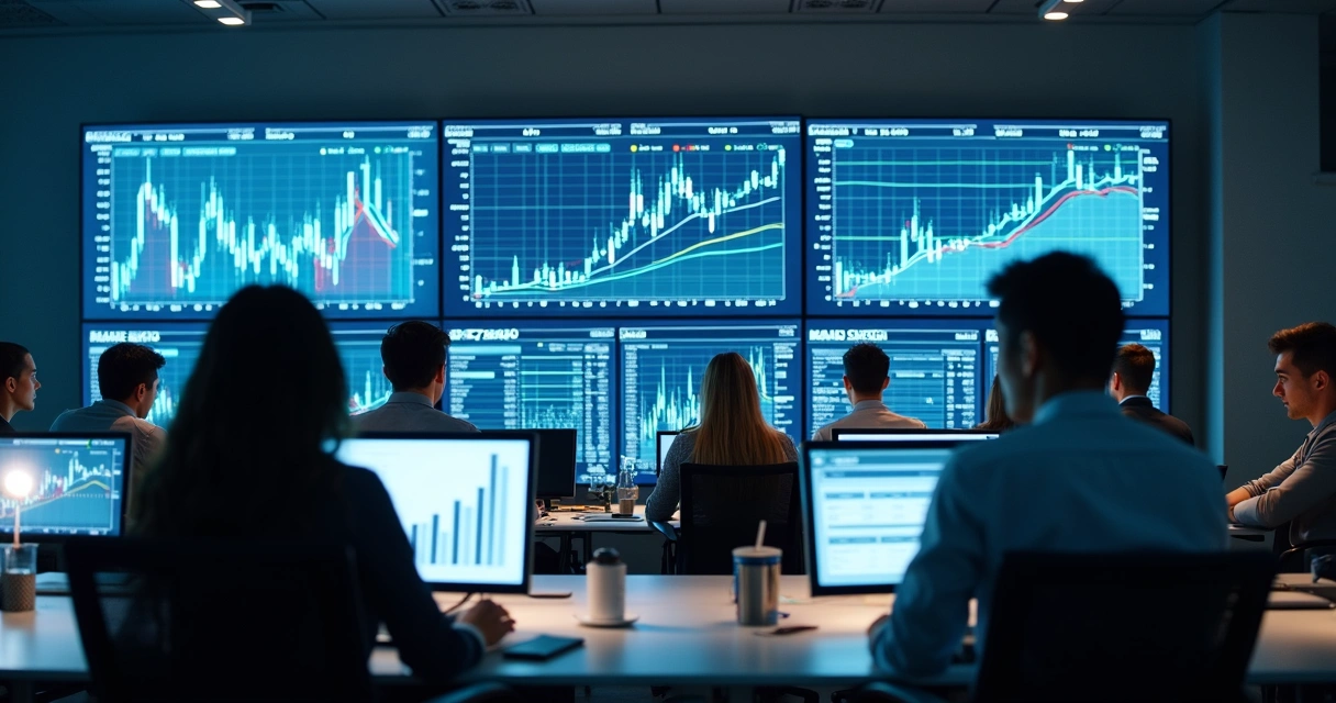 Profissionais analisando gráficos financeiros em várias telas 