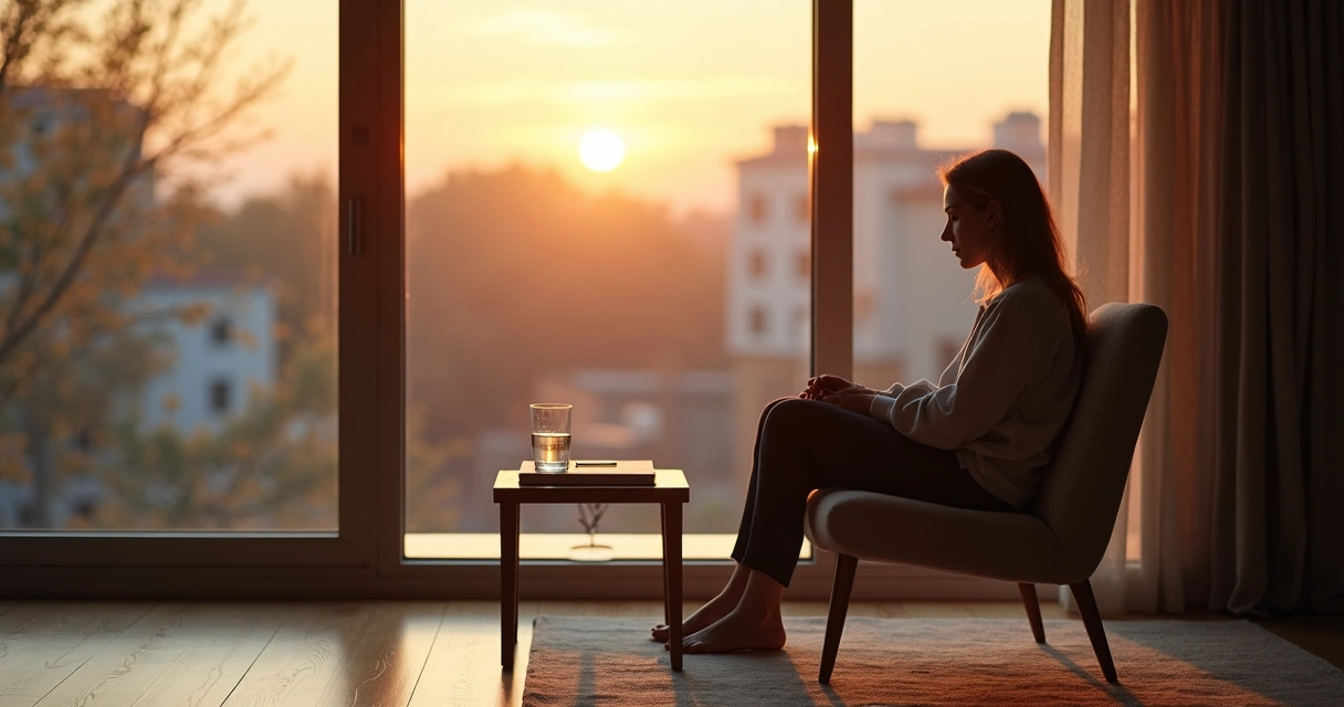Persona sentada sola junto a una ventana al atardecer en actitud de reflexión tranquila 