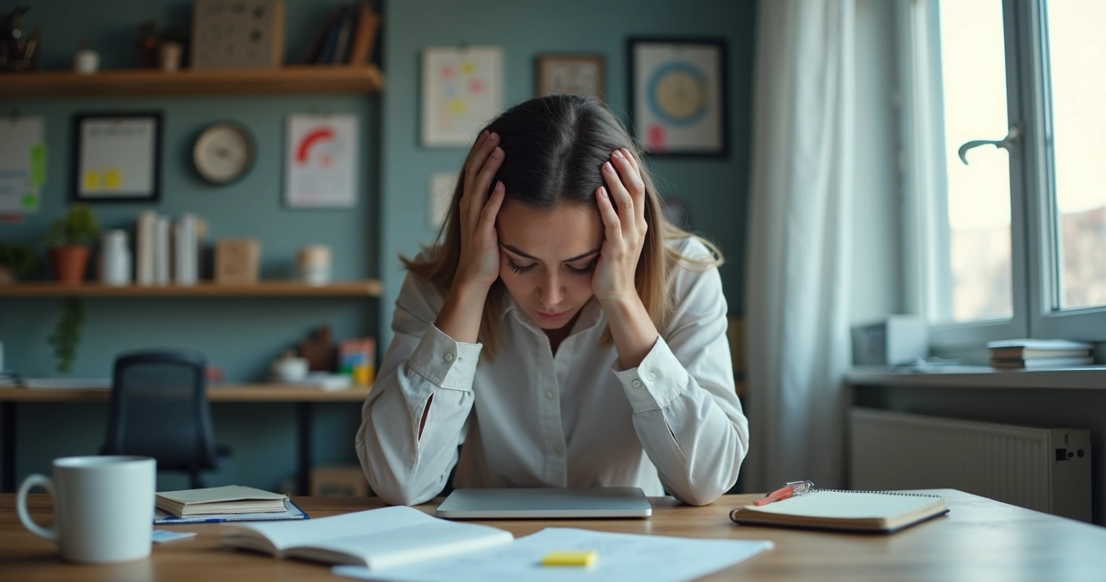 Persona cansada frente a cuadernos y portátil en un espacio de estudio y trabajo 