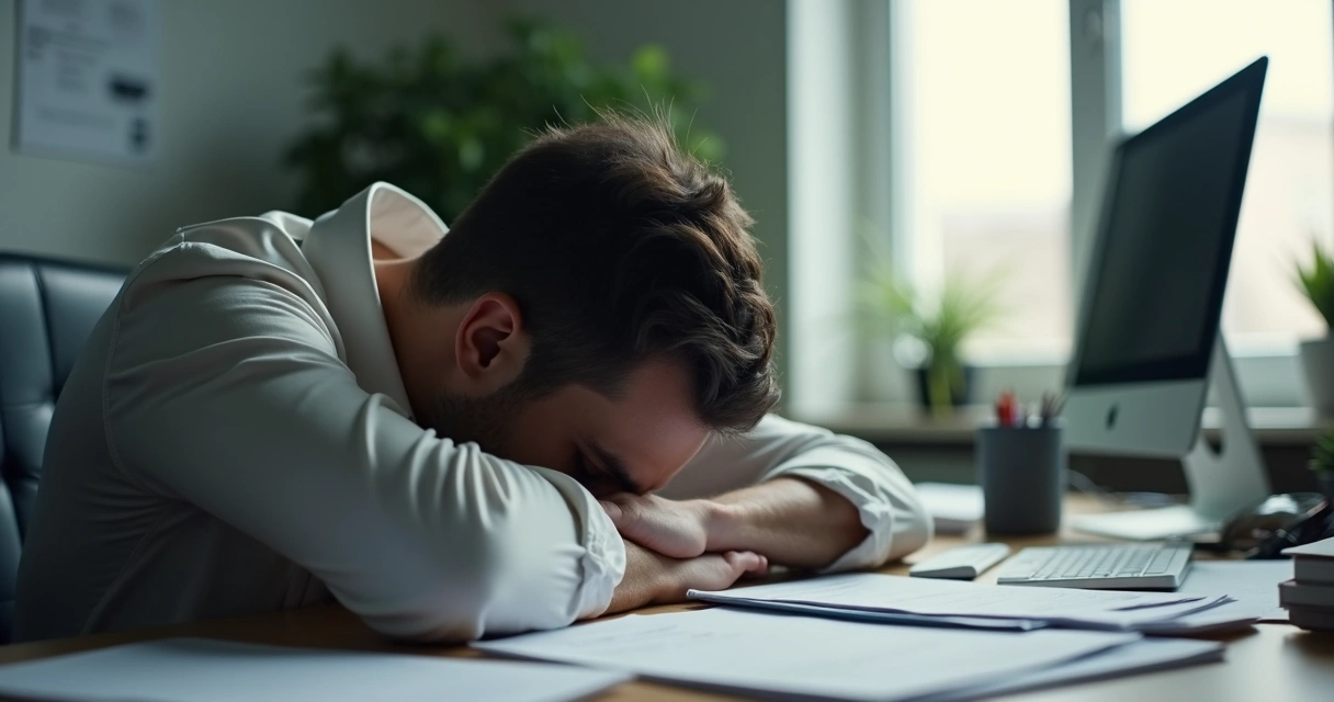 Persona en escritorio con postura cansada rodeada de papeles