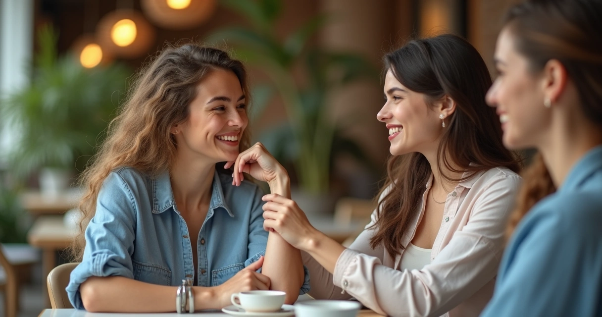 Duas amigas sorrindo enquanto uma agradece a outra com um toque suave no braço 