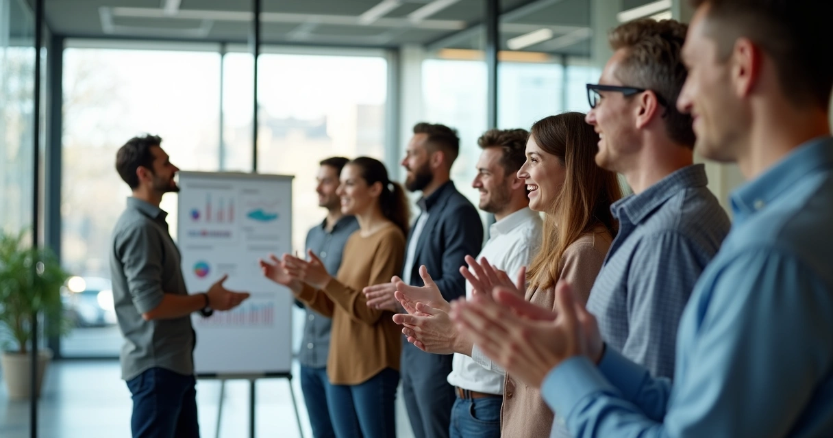 Empleados de oficina aplaudiendo y sonriendo tras éxito laboral 