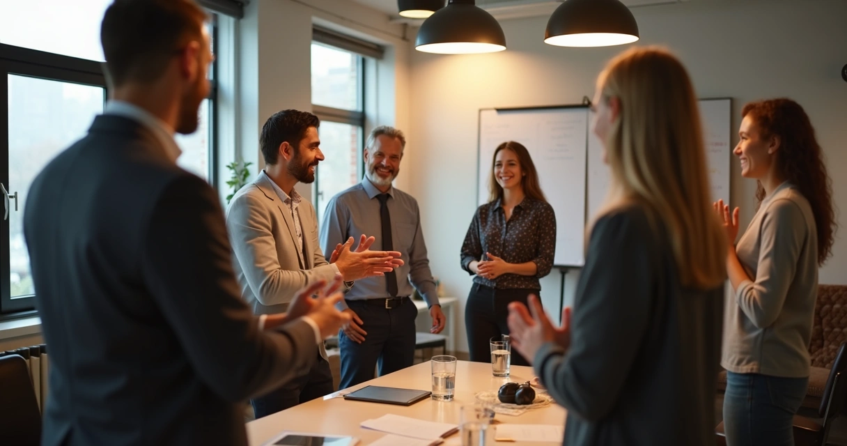 Equipo de trabajo de pie al final de una reunión, compartiendo palabras de gratitud, ambiente de oficina cálido 