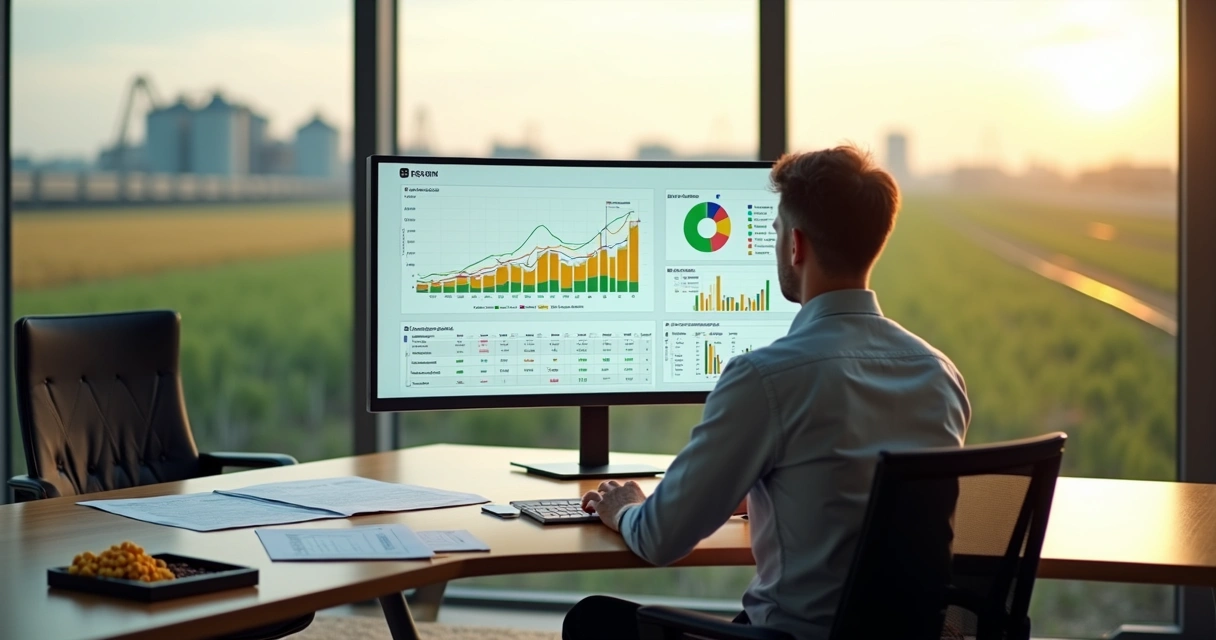 Agribusiness CFO reviewing commodity risk portfolio dashboard in modern office 