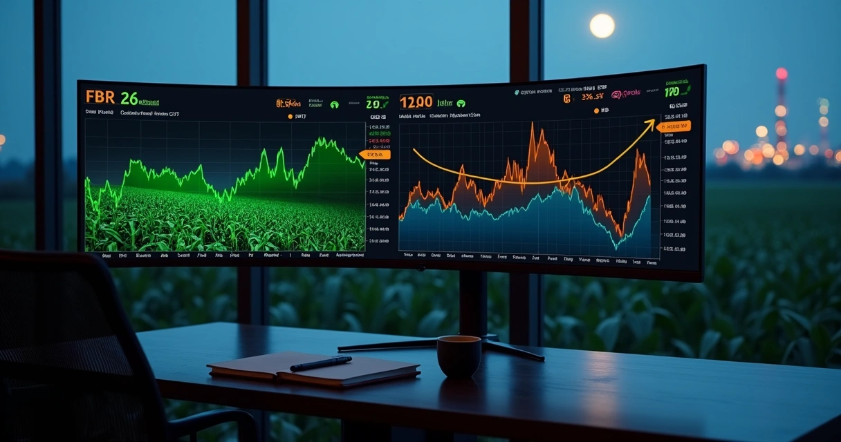 Digital dashboard blending soybean rows oil barrels dollar chart and interest rate curve at night 