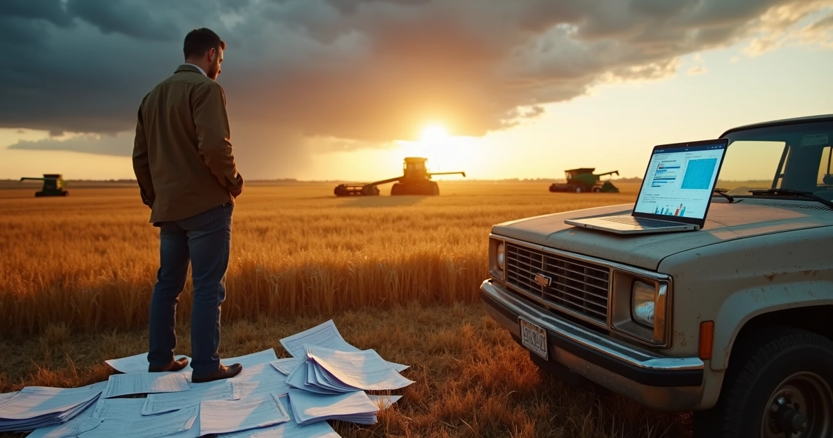 Agribusiness CFO at field laptop during financial storm contrast 