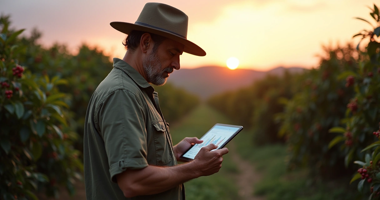 Agricultor analisando riscos do café no campo 