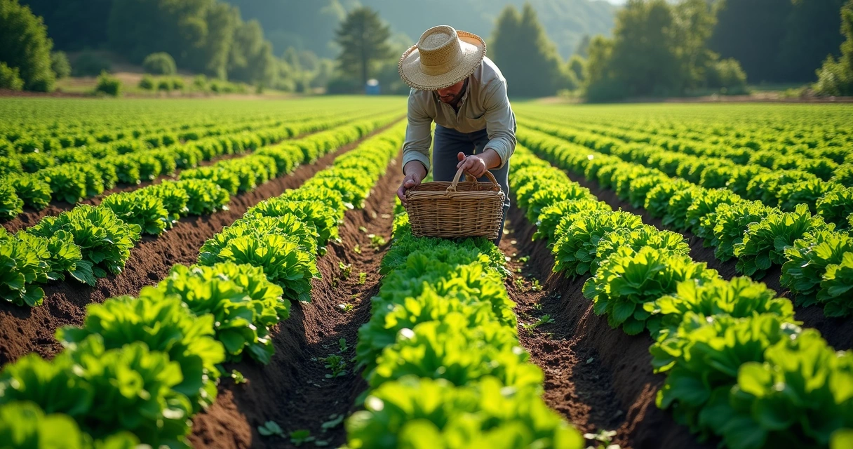 Agricultor em plantação orgânica vista de cima, áreas verdes e canteiros retangulares 