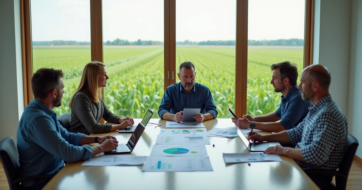 Agricultor reunido com consultores de gestão de risco 