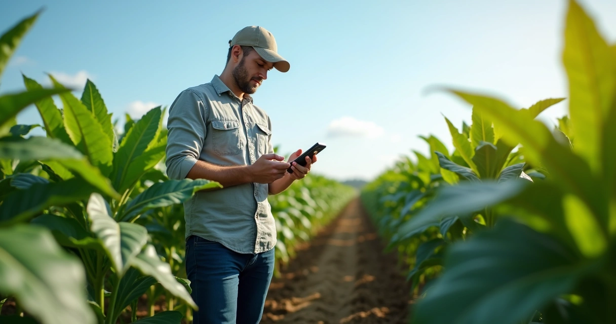 Agricultor usando smartphone no campo 
