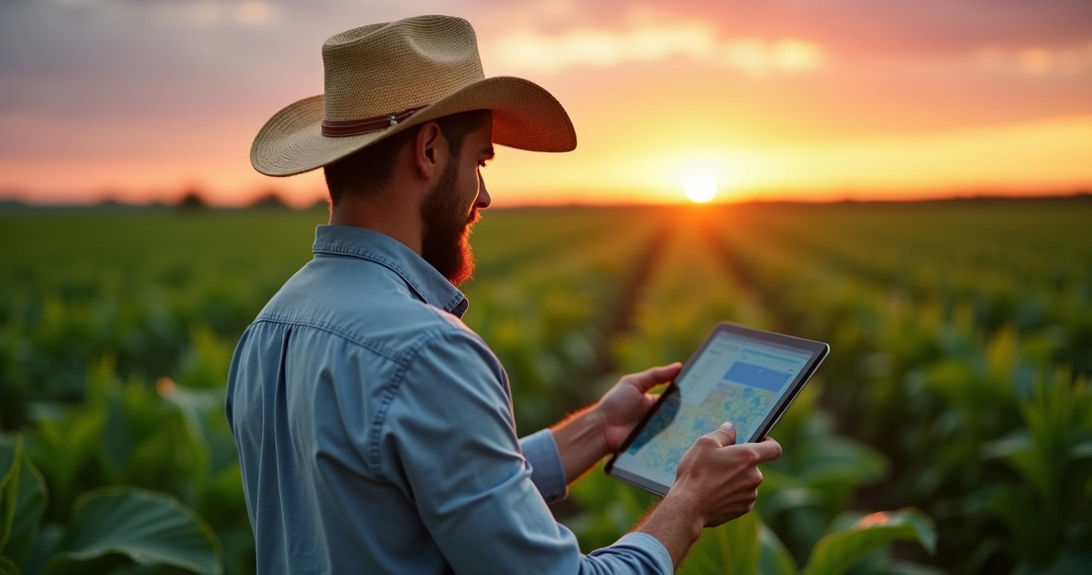 Agricultor usando tablet no campo acompanhando dados da fazenda 