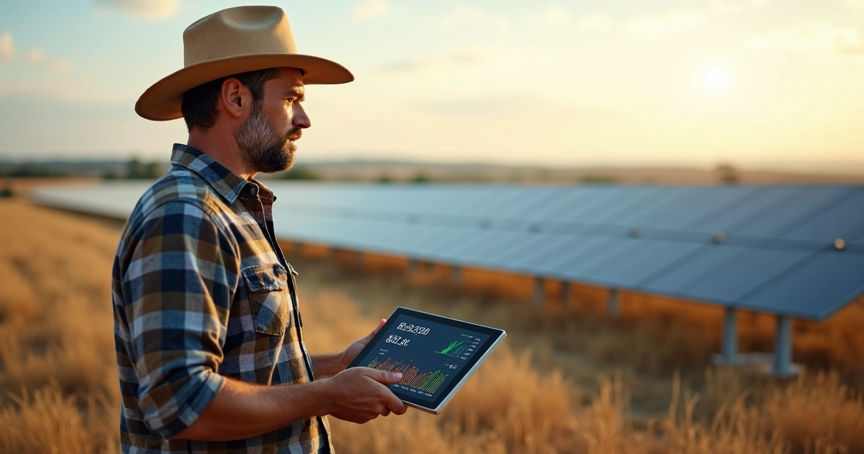 Agricultor analisa monitor de produção solar no campo 