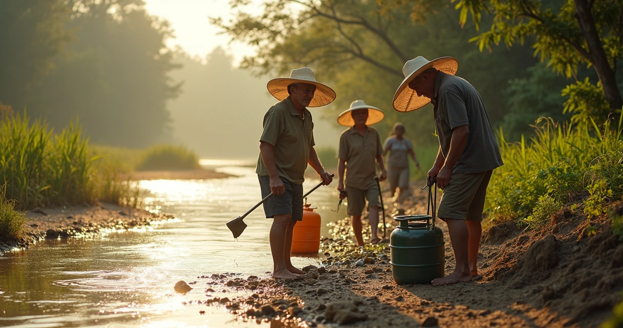 Agricultores familiares trabalham à margem de rio paranaense, vegetação nativa, barril de água ao lado