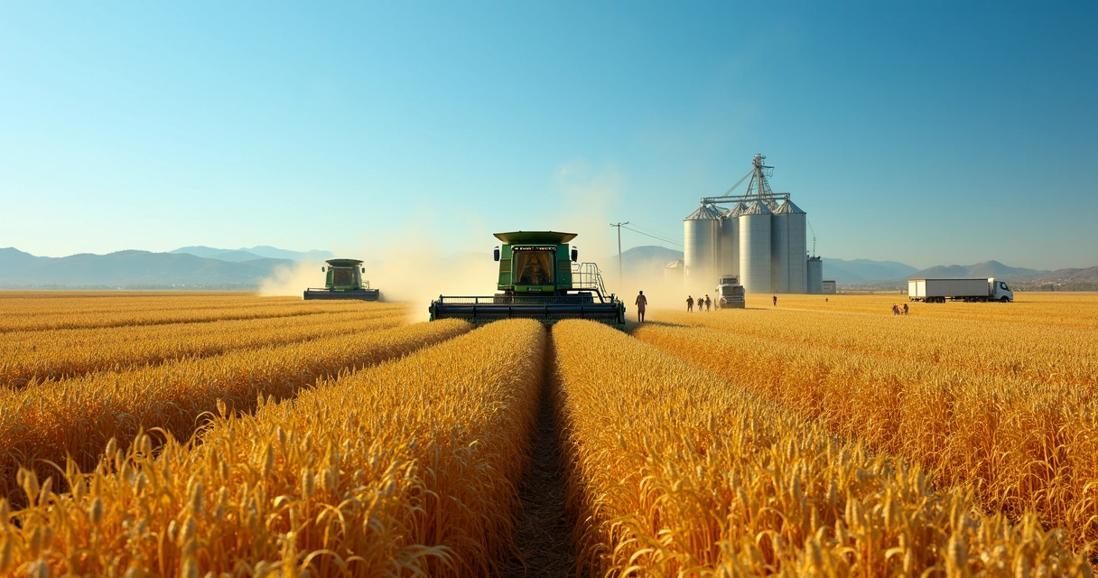 Campo de soja com máquinas colheitadeiras e pessoas trabalhando sob céu claro 