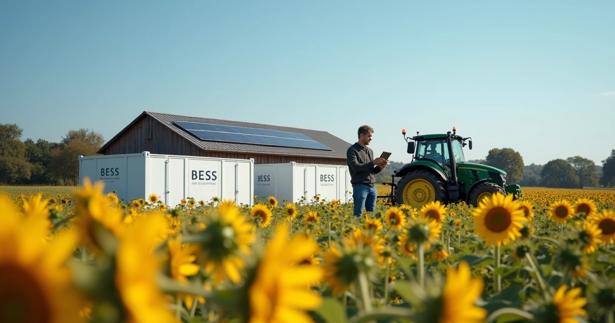 Instalação de baterias e painéis solares em fazenda de agricultura 