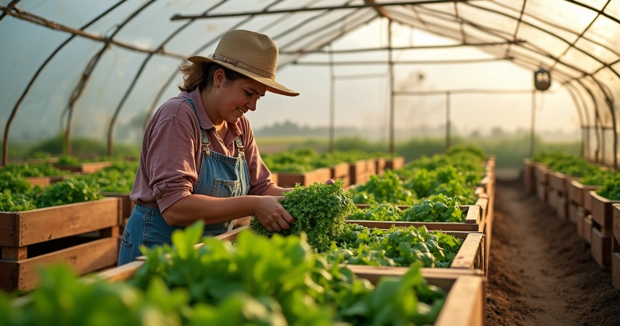 Produtora rural colhendo vegetais em estufa no Paraná