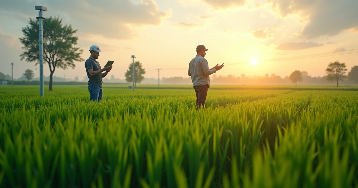 Campo agrícola com sensores meteorológicos e tablets 