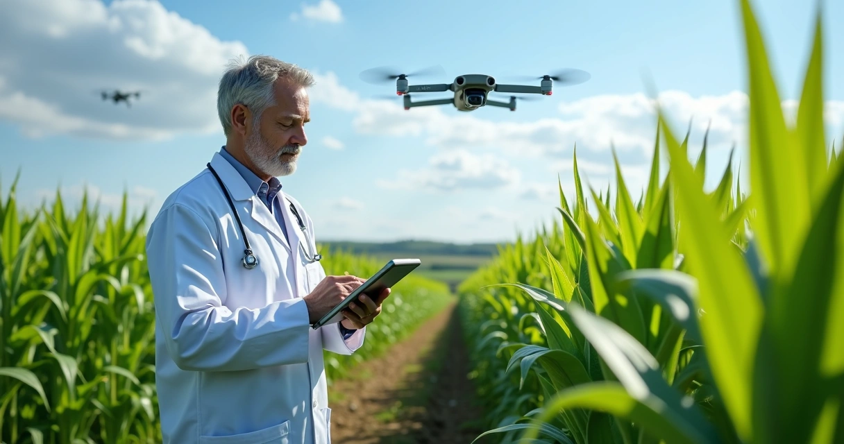 Scientist inspecting crops in a field
