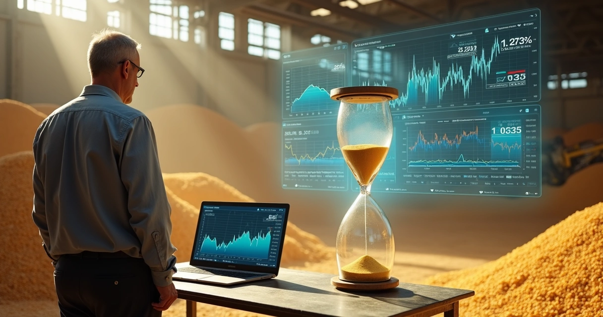 CFO in grain warehouse watching hourglass and delayed market chart 