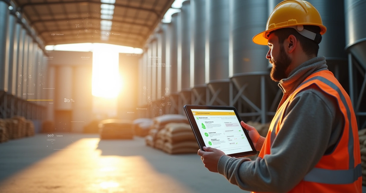 Agribusiness professional checking hedge approval checklist on tablet in grain storage facility 