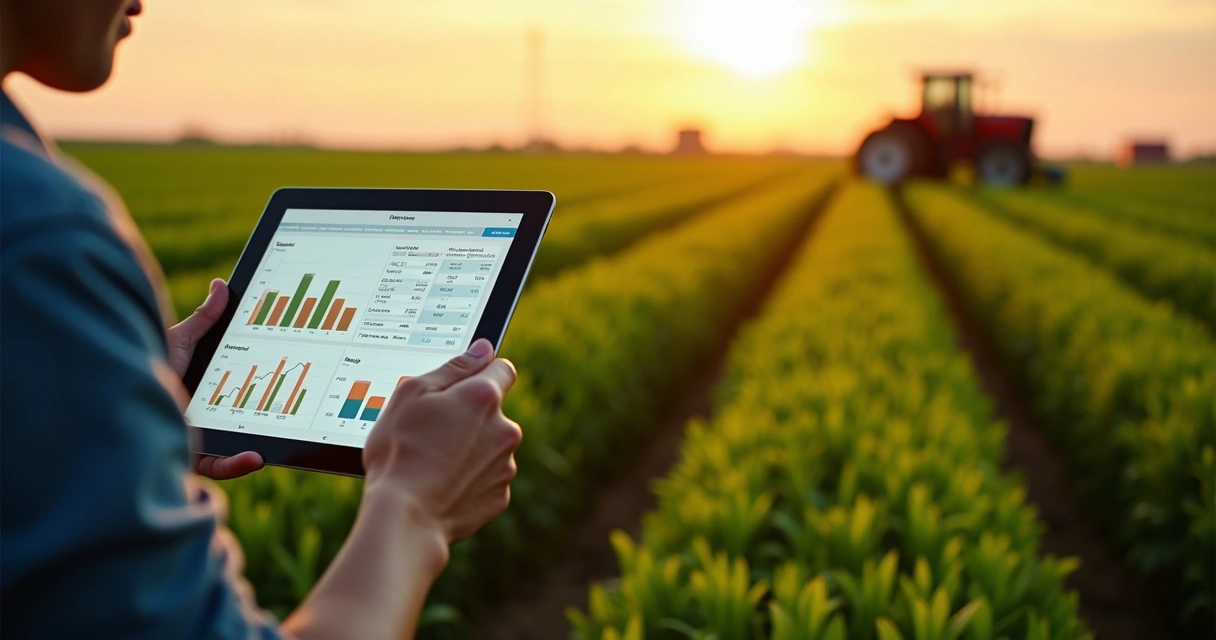 Lavoura com gráficos econômicos e clima no tablet 
