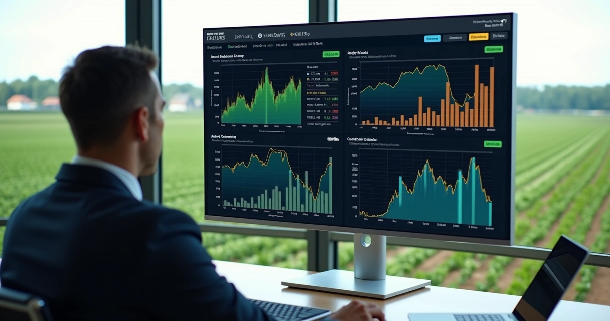 Digital dashboard showing graphs of commodity prices, currencies, and weather conditions on a farm landscape background. 
