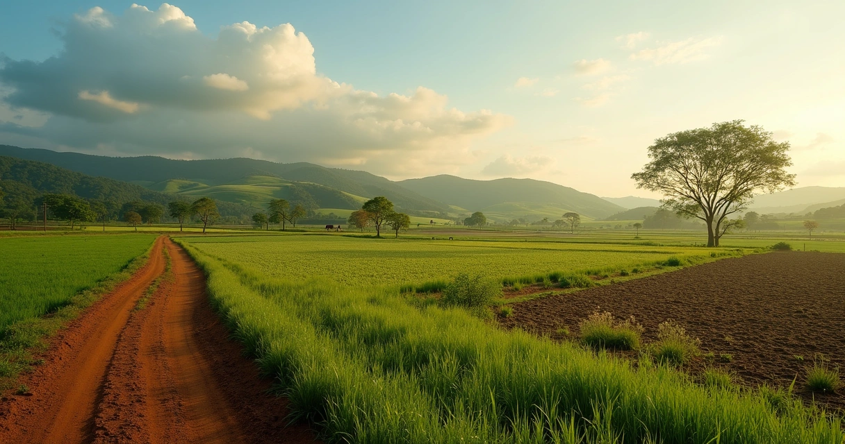 Campo agrícola com culturas integradas, árvores e área de gado 