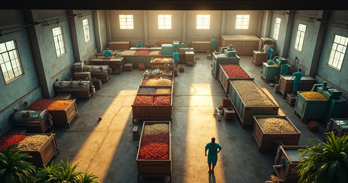 Funcionários operando pequenas máquinas em agroindústria agrícola