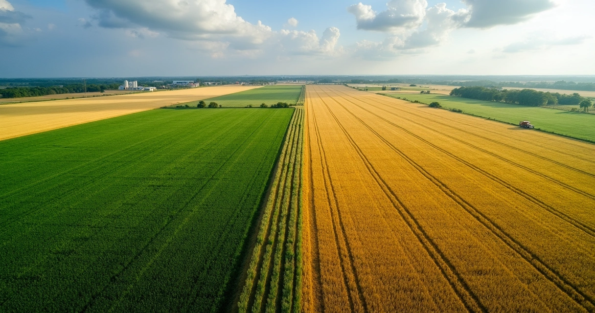 Plantação de soja e milho vista do alto, destacando a grande extensão agrícola 