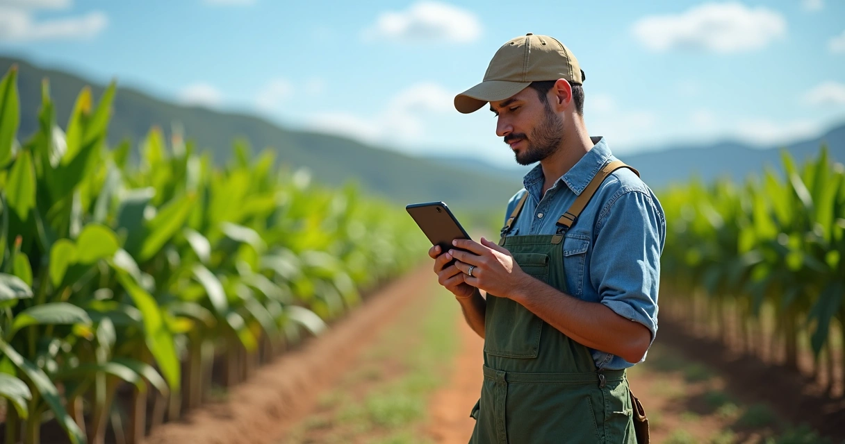 Agricultor paranaense usando tablet próximo a plantação