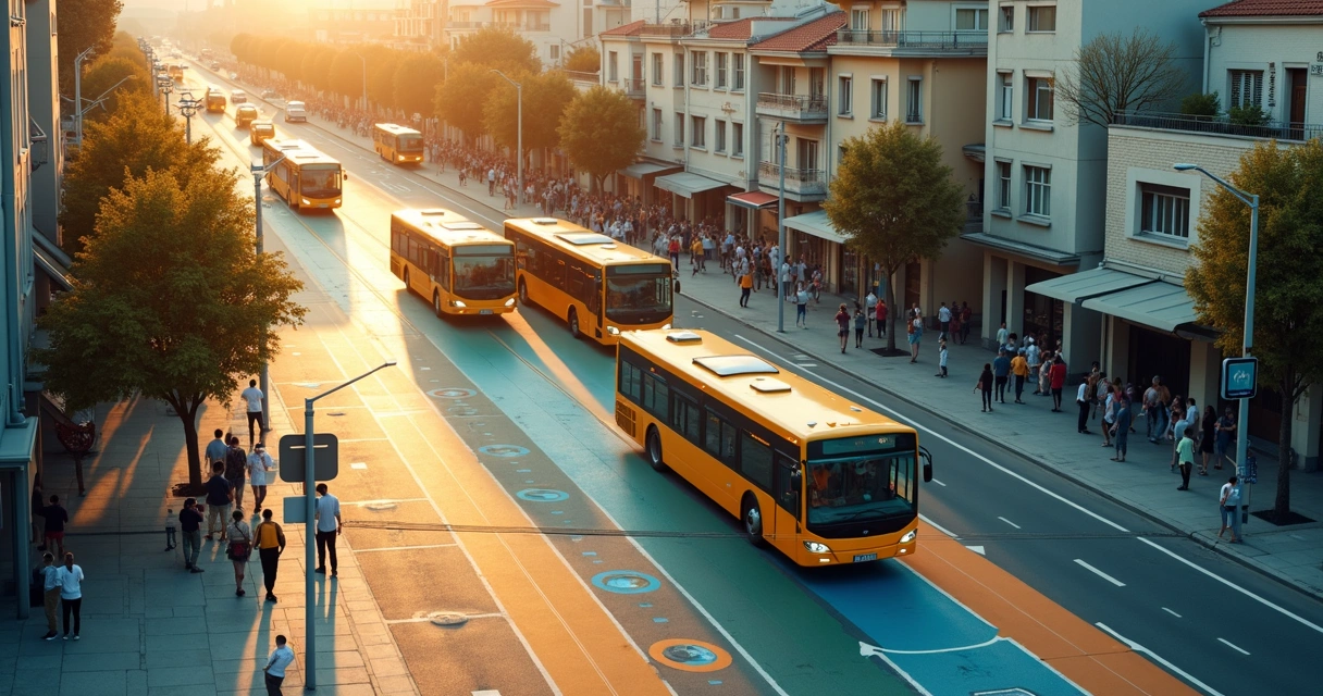 Vista aérea de ônibus escolares agrupando passageiros em bairros diferentes 