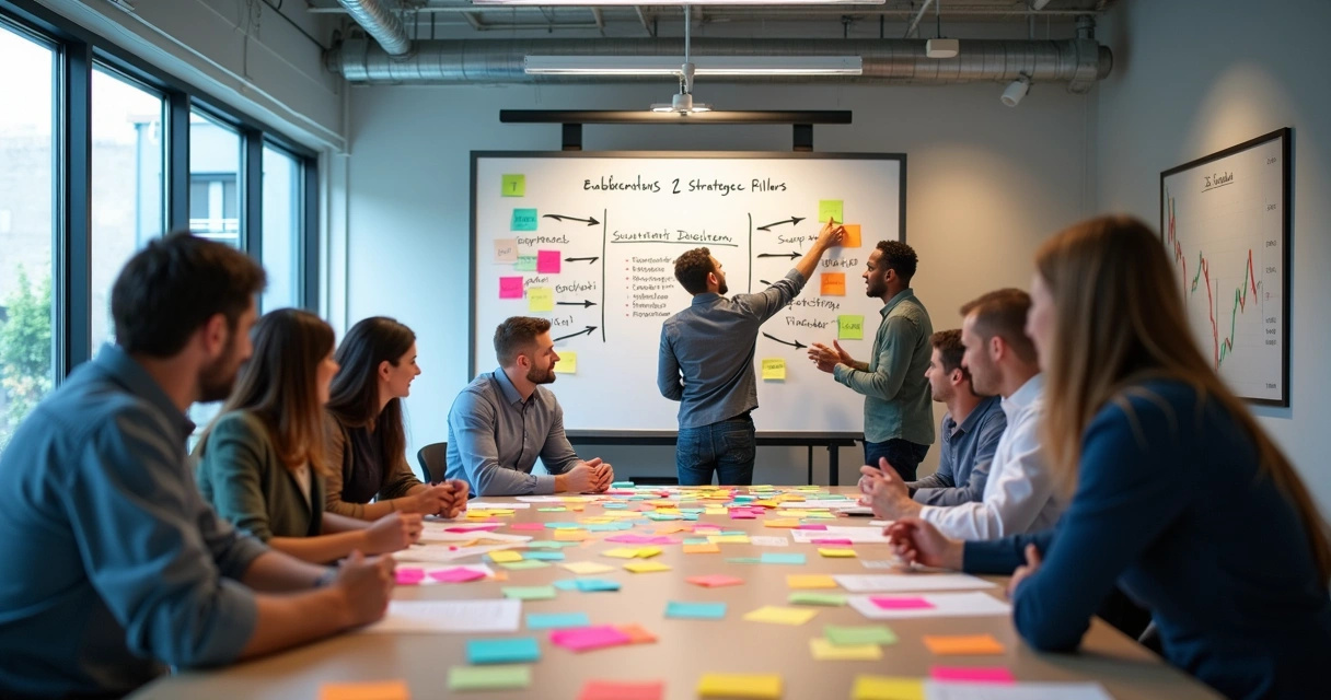 Equipe reunida discutindo prioridades estratégicas no escritório 