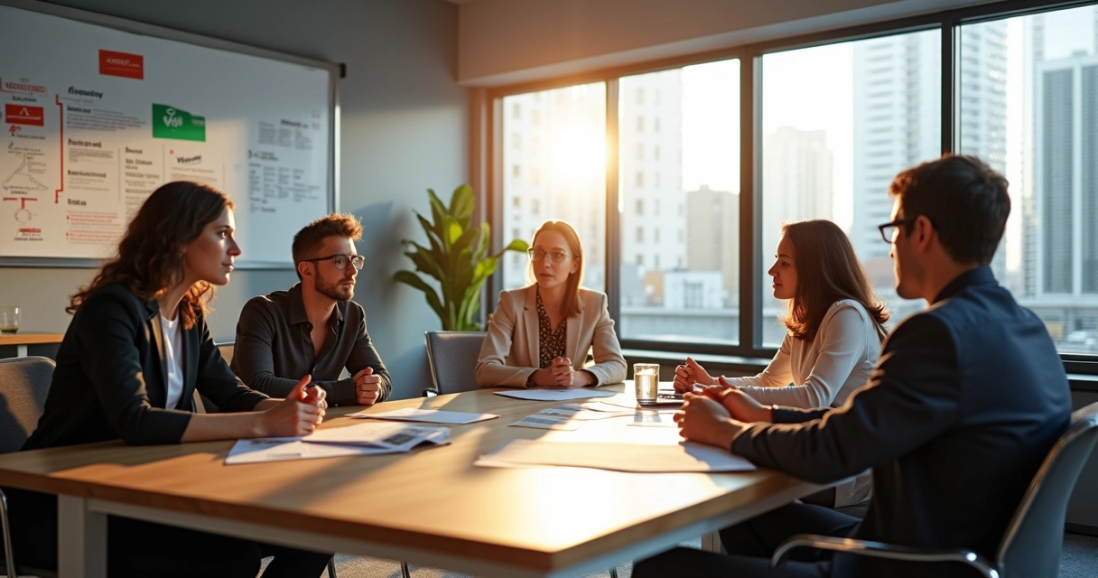 Lead Scoring B2B SaaS: Guia Prático de Modelos e Erros 6 Grupos de profissionais de marketing e vendas conversando e alinhando estratégias em sala moderna