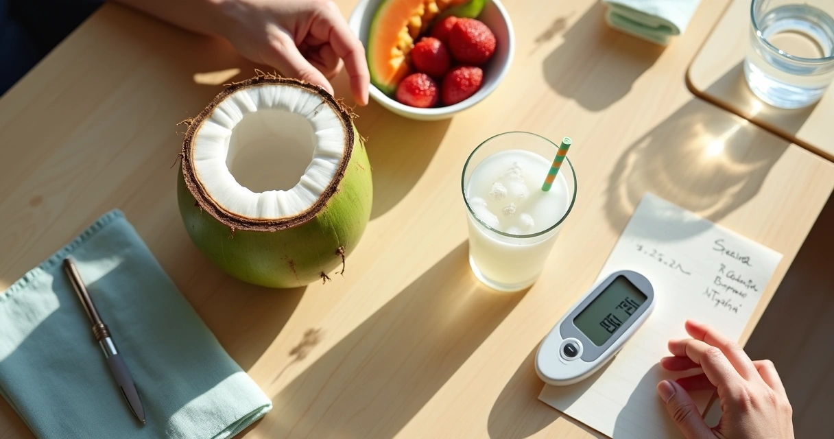 Pessoa com diabetes analisando copo de água de coco e medidor de glicemia 