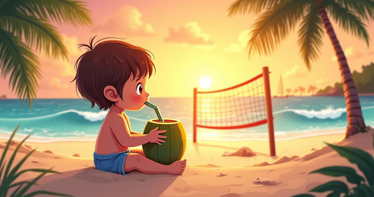 Criança bebendo água de coco na praia ao pôr do sol 