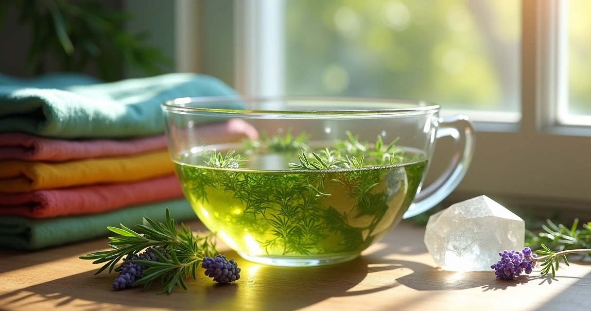 Infusão de ervas em tigela de vidro ao lado de roupas e cristais 