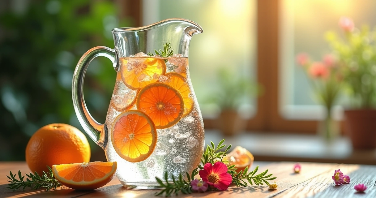 Jarra de vidro com água, cristais e frutas, luz natural reflete na mesa 